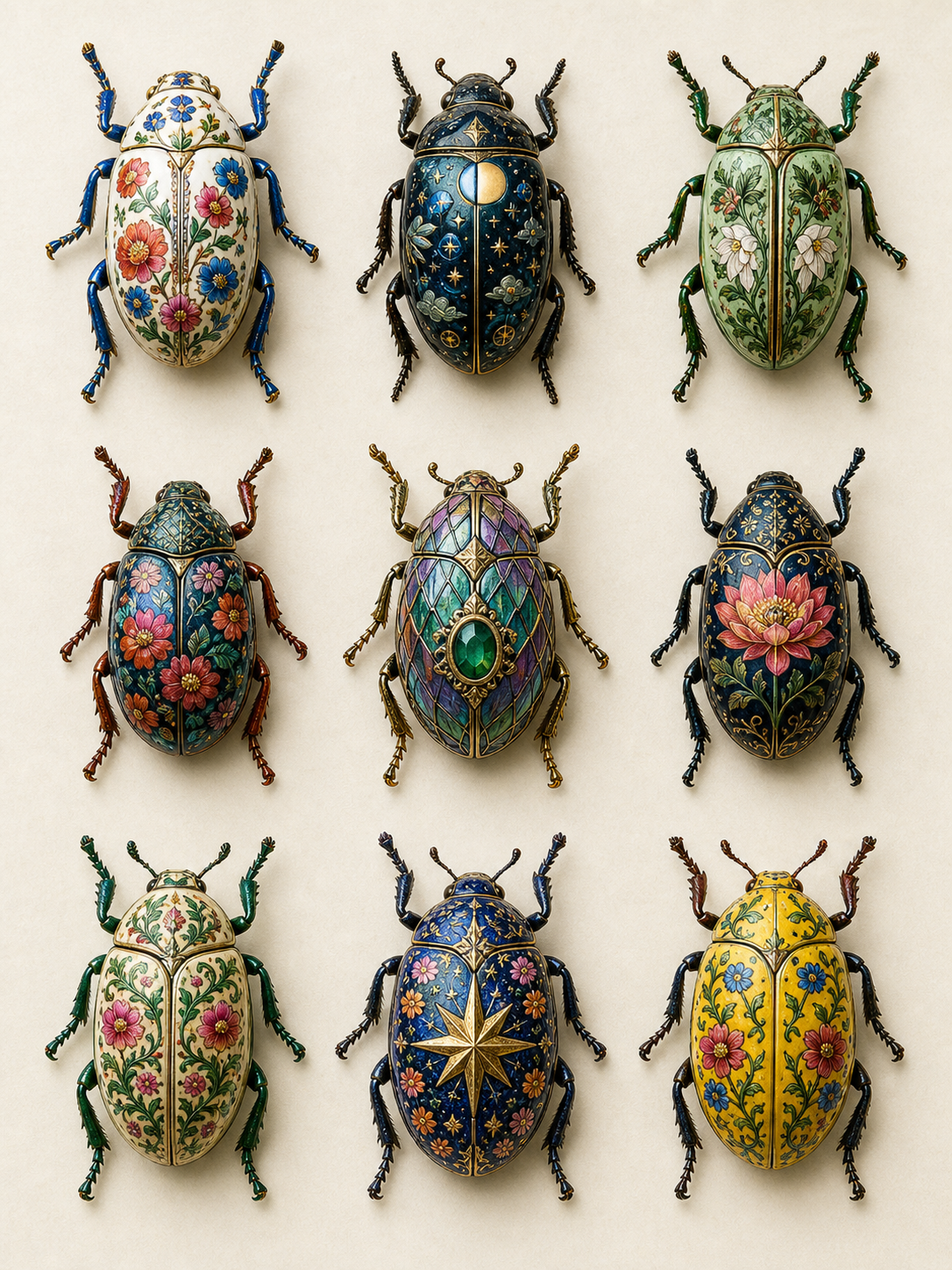 An overhead, macro photograph of nine ornate, illustrated beetles arranged in a… AI image prompt example